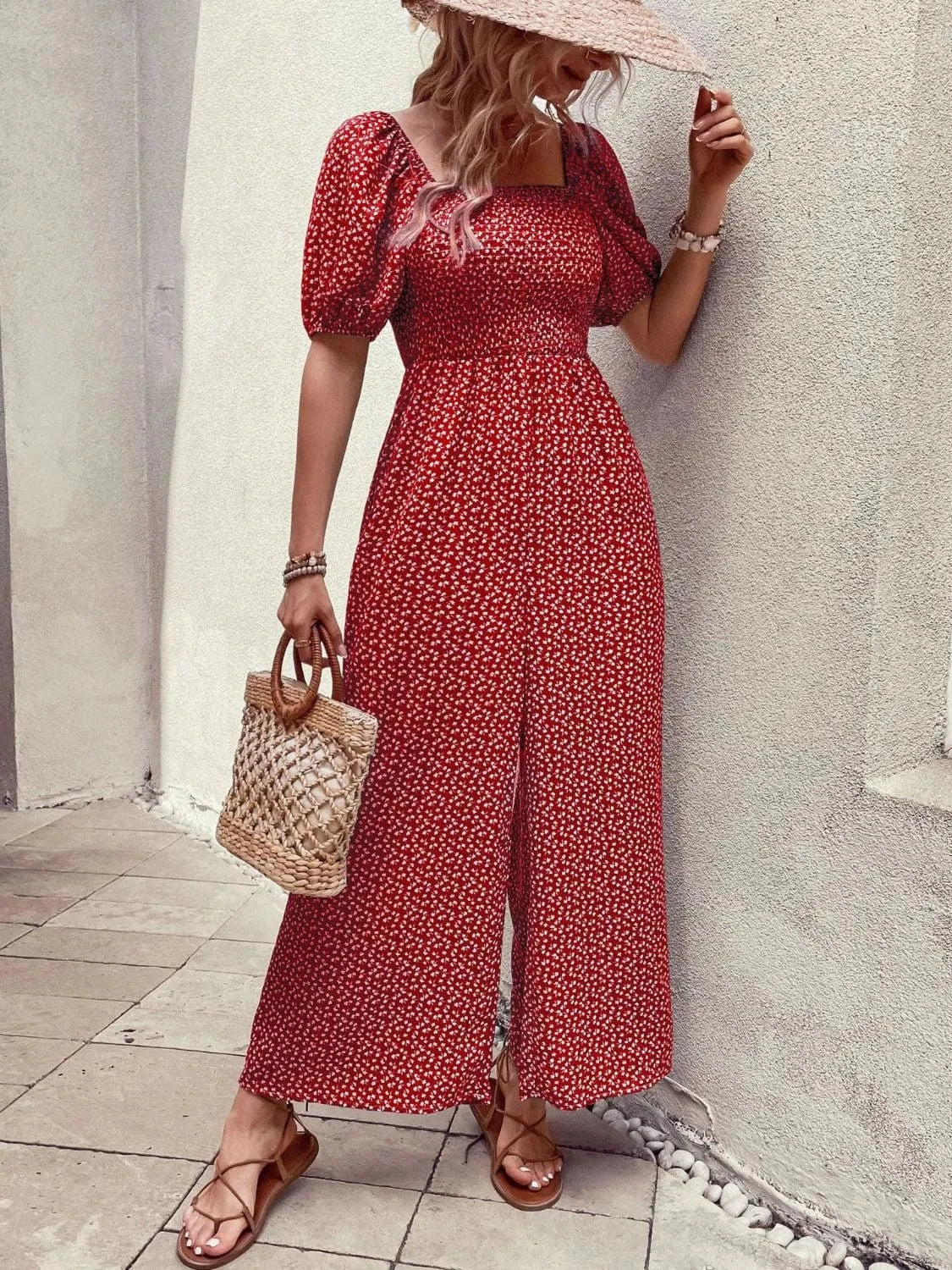 Printed Square Neck Puff Sleeve Jumpsuit Rust / S The Nichole Collection