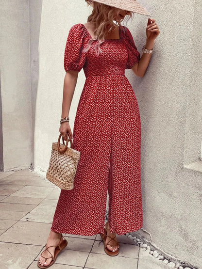 Printed Square Neck Puff Sleeve Jumpsuit Rust / S The Nichole Collection