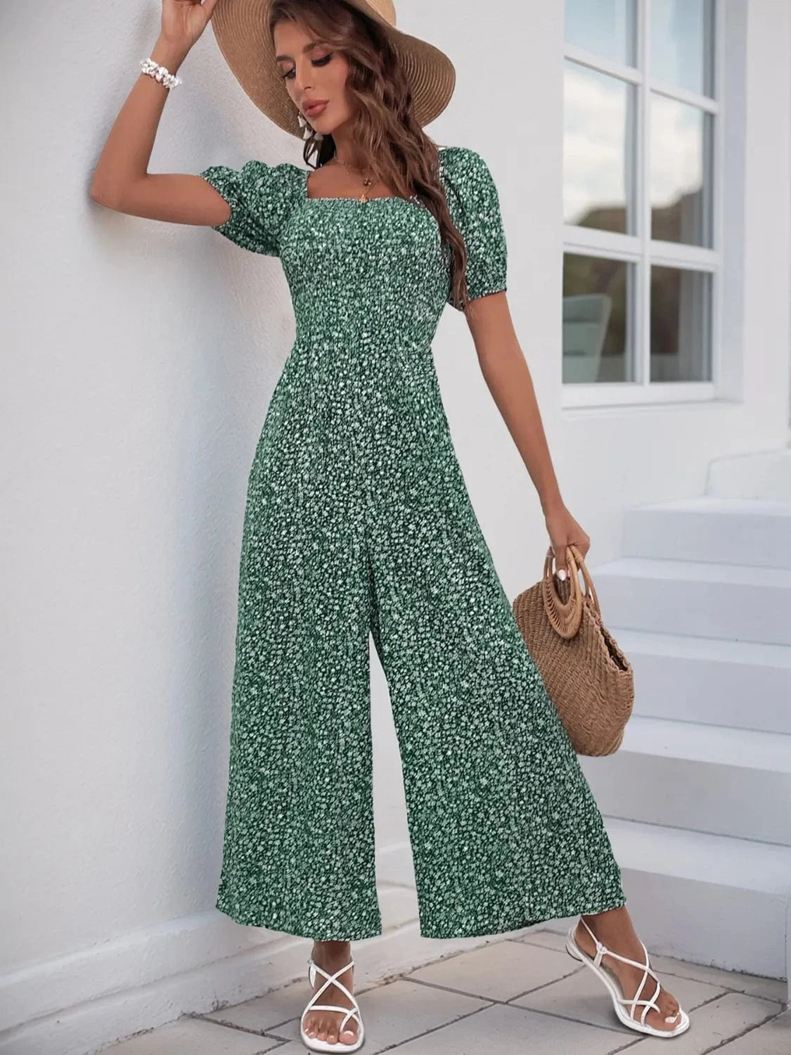 Printed Square Neck Puff Sleeve Jumpsuit The Nichole Collection
