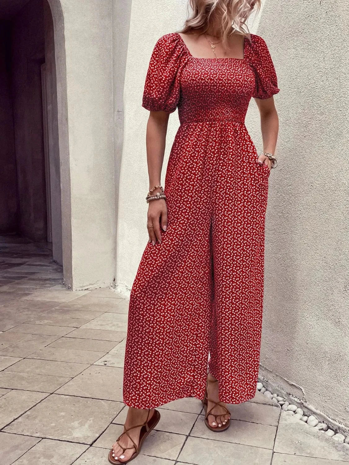 Printed Square Neck Puff Sleeve Jumpsuit The Nichole Collection