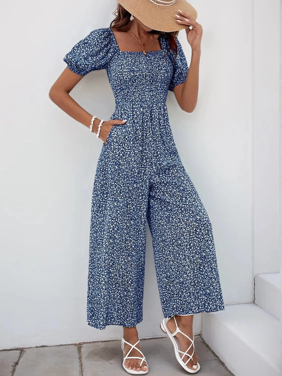 Printed Square Neck Puff Sleeve Jumpsuit The Nichole Collection