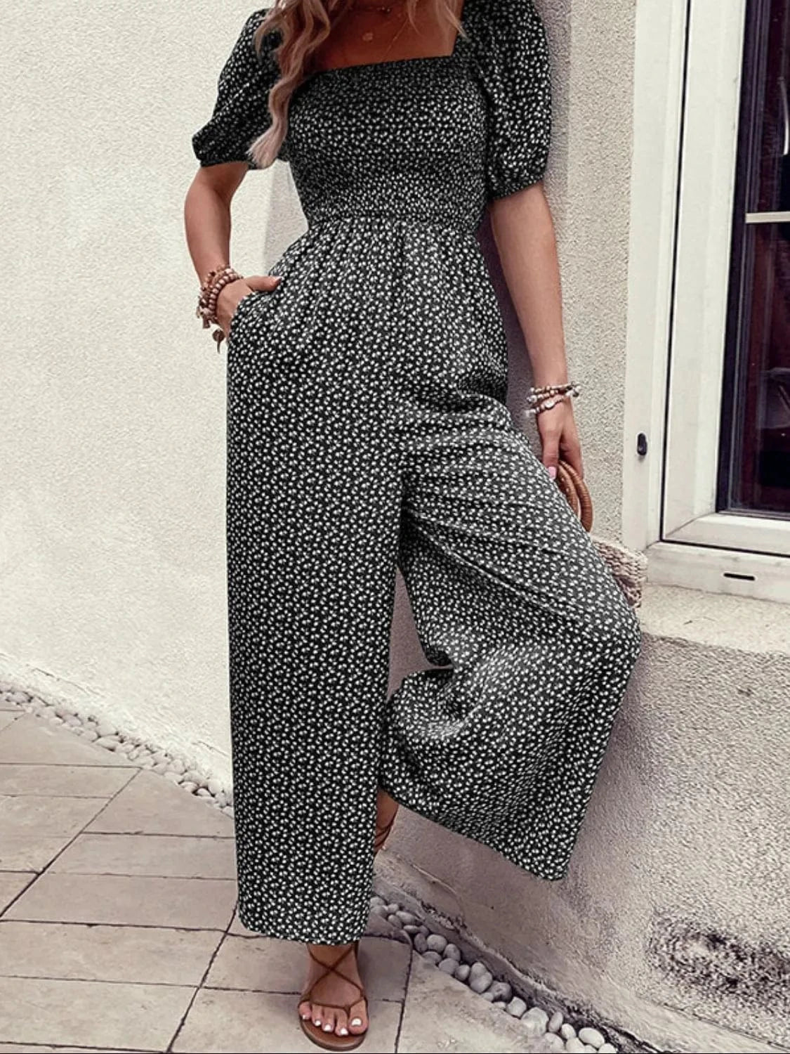 Printed Square Neck Puff Sleeve Jumpsuit Black / S The Nichole Collection