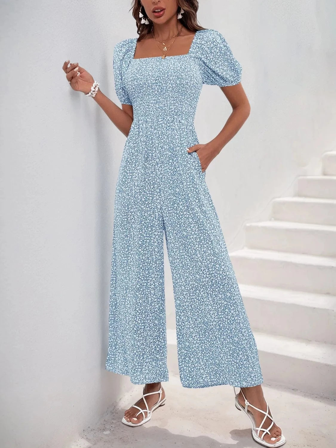 Printed Square Neck Puff Sleeve Jumpsuit The Nichole Collection