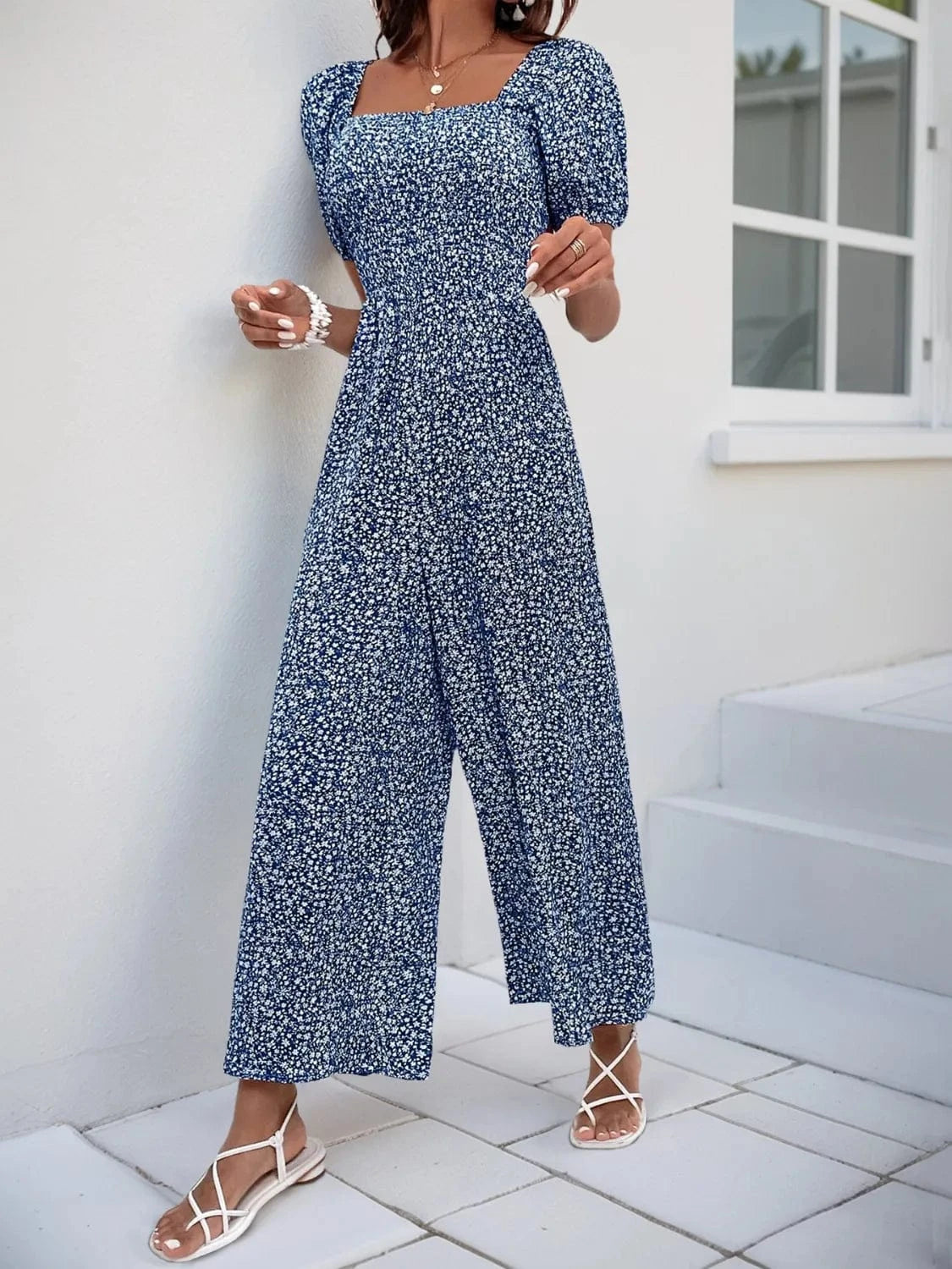 Printed Square Neck Puff Sleeve Jumpsuit The Nichole Collection