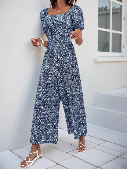 Printed Square Neck Puff Sleeve Jumpsuit The Nichole Collection
