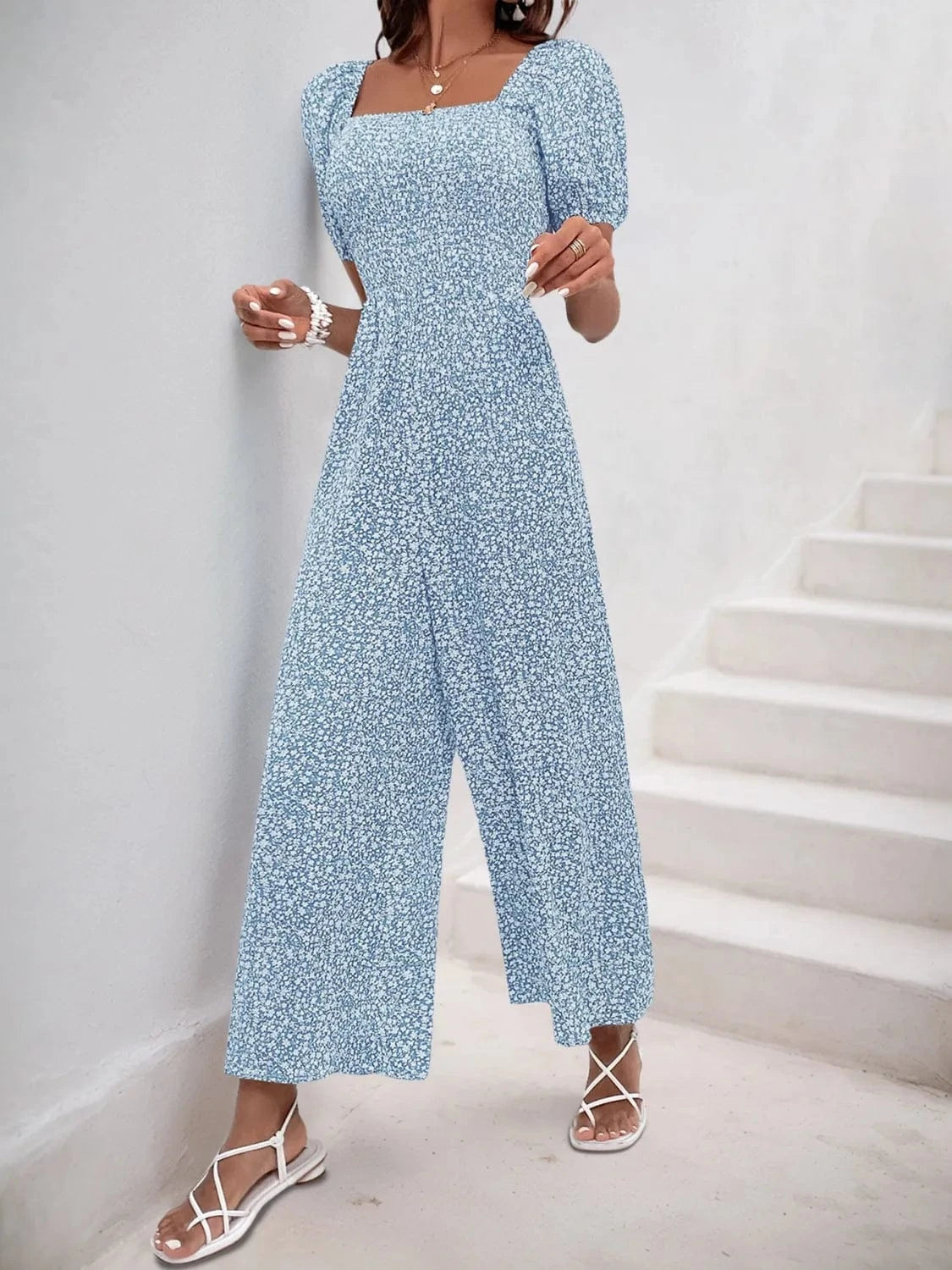 Printed Square Neck Puff Sleeve Jumpsuit The Nichole Collection