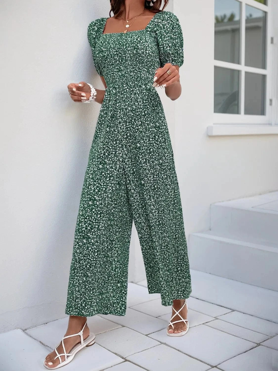 Printed Square Neck Puff Sleeve Jumpsuit The Nichole Collection