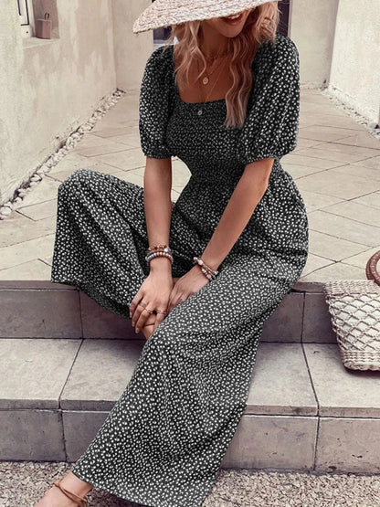 Printed Square Neck Puff Sleeve Jumpsuit The Nichole Collection
