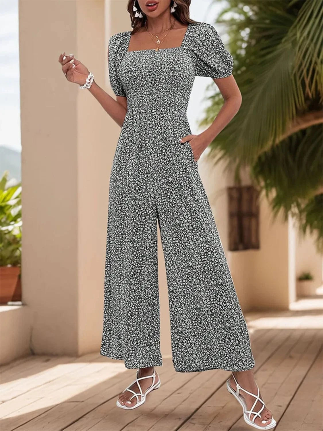 Printed Square Neck Puff Sleeve Jumpsuit The Nichole Collection