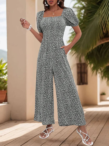 Printed Square Neck Puff Sleeve Jumpsuit The Nichole Collection