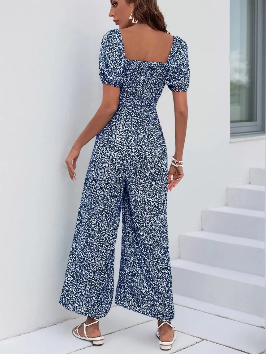 Printed Square Neck Puff Sleeve Jumpsuit The Nichole Collection