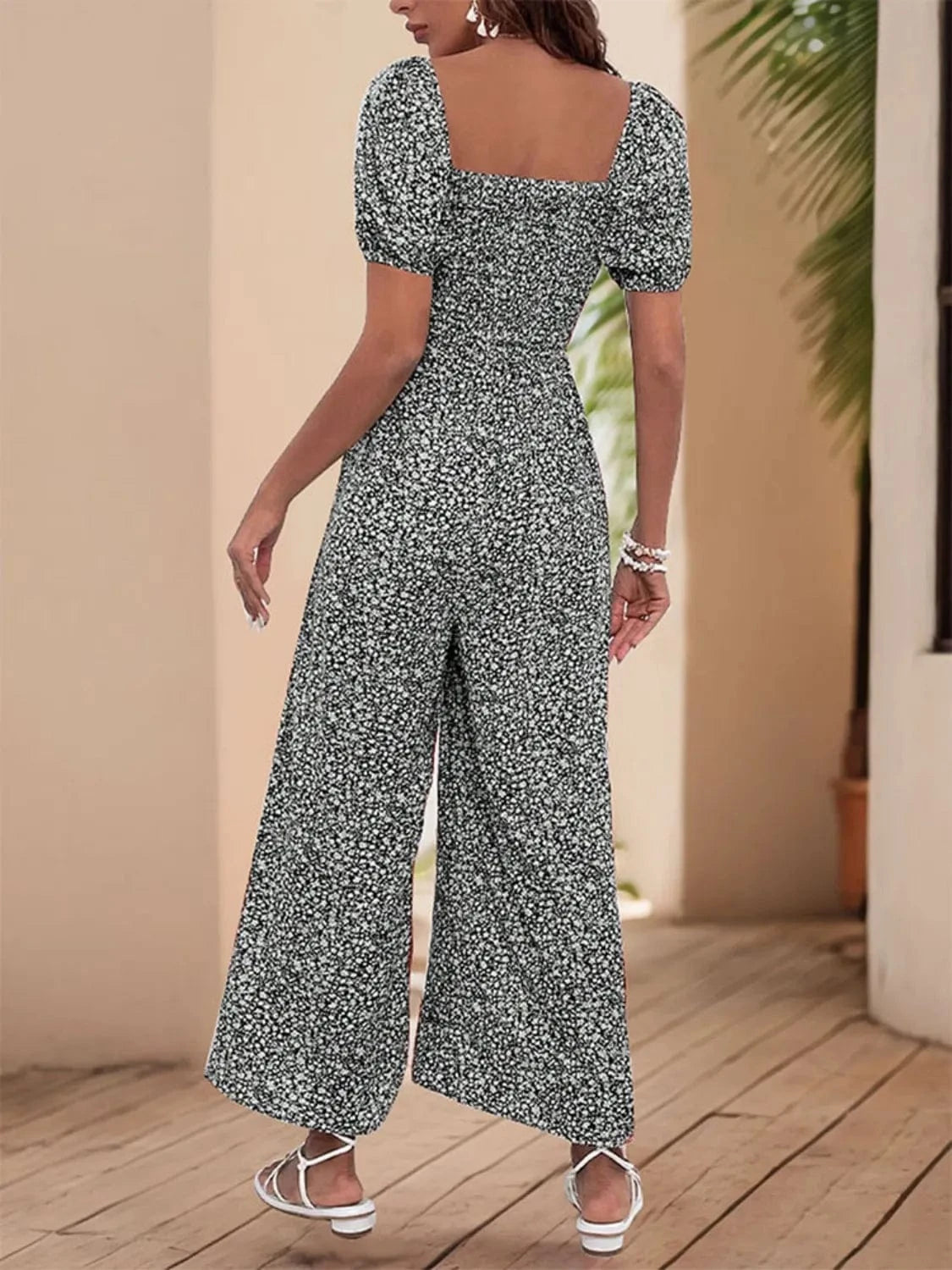 Printed Square Neck Puff Sleeve Jumpsuit The Nichole Collection