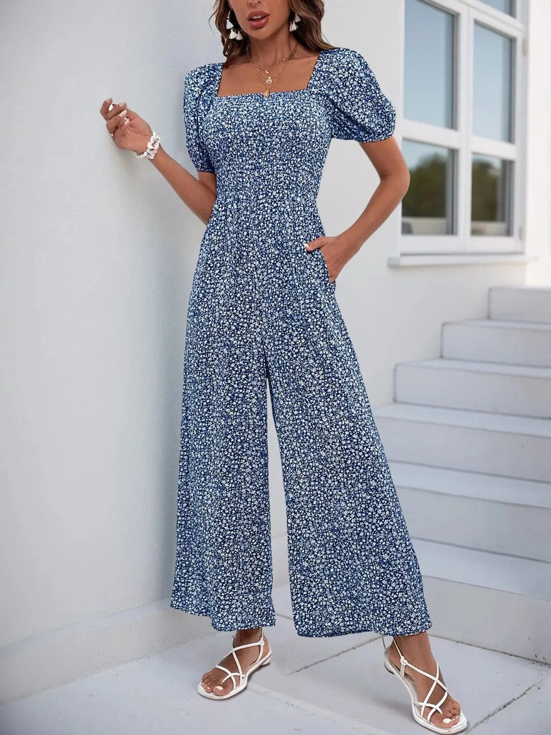 Printed Square Neck Puff Sleeve Jumpsuit Royal Blue / S The Nichole Collection