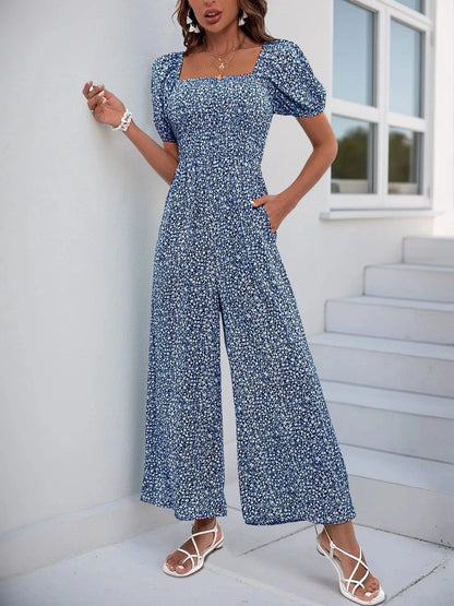 Printed Square Neck Puff Sleeve Jumpsuit Royal Blue / S The Nichole Collection