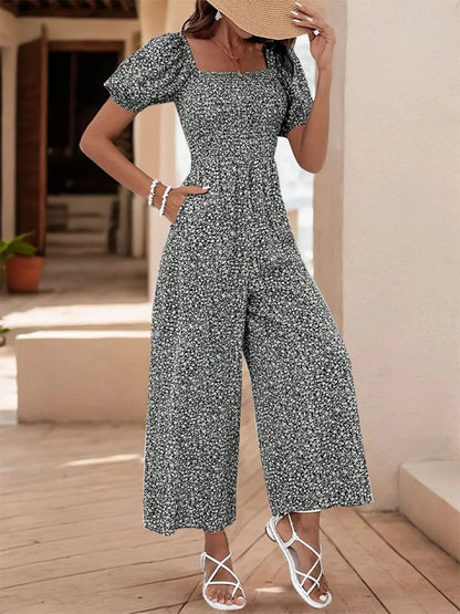Printed Square Neck Puff Sleeve Jumpsuit Black White / S The Nichole Collection