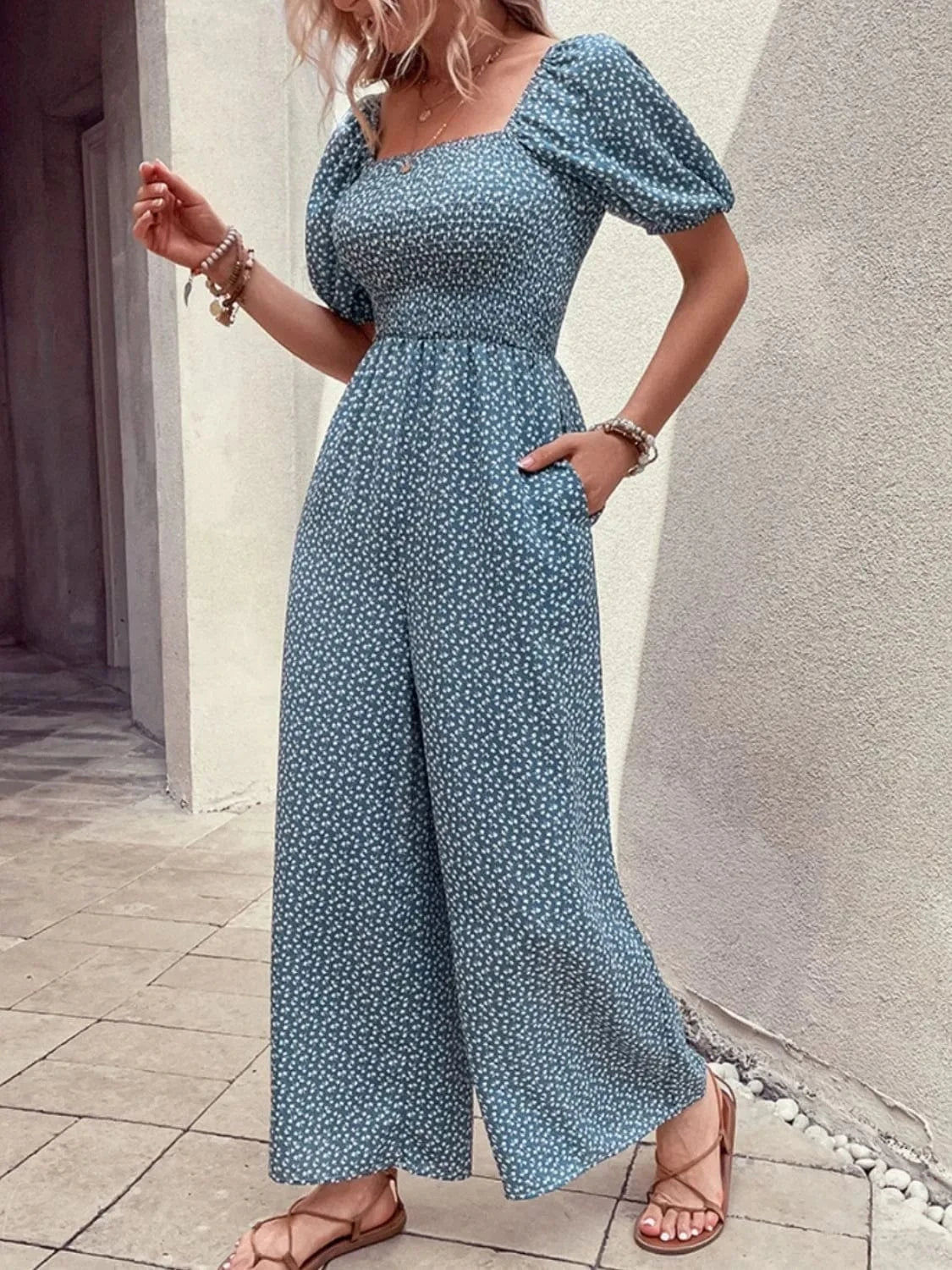 Printed Square Neck Puff Sleeve Jumpsuit The Nichole Collection