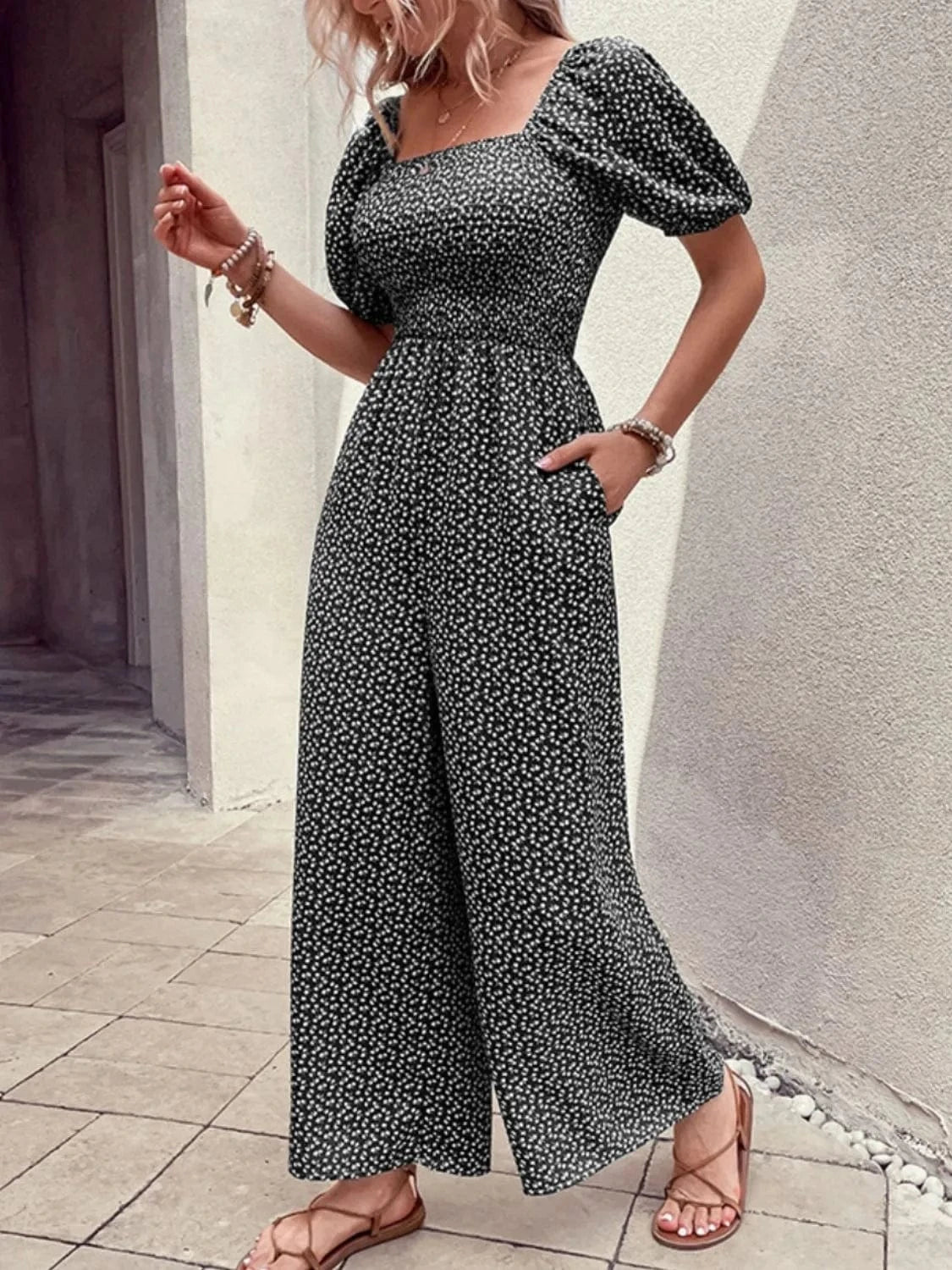 Printed Square Neck Puff Sleeve Jumpsuit The Nichole Collection