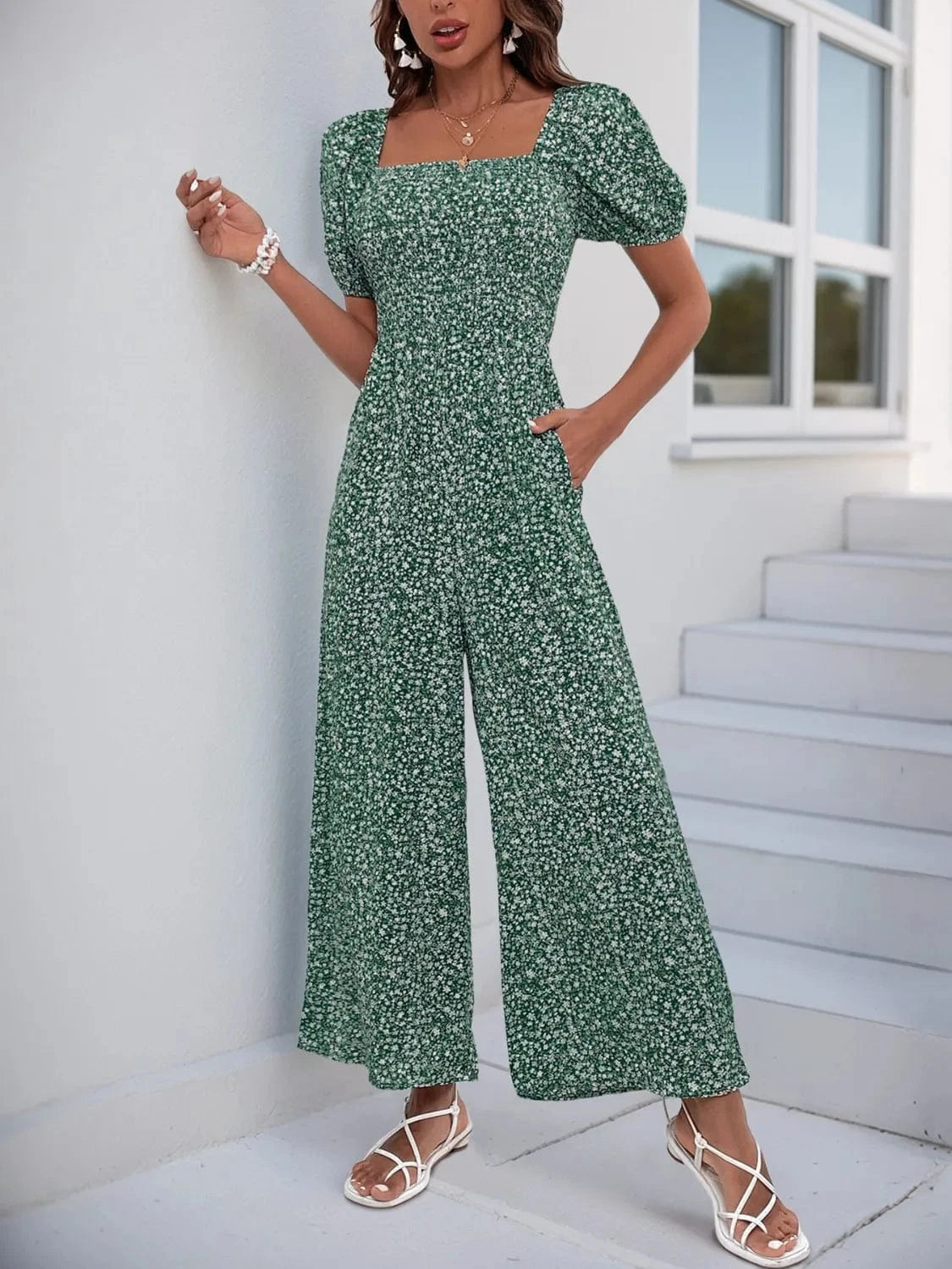 Printed Square Neck Puff Sleeve Jumpsuit The Nichole Collection