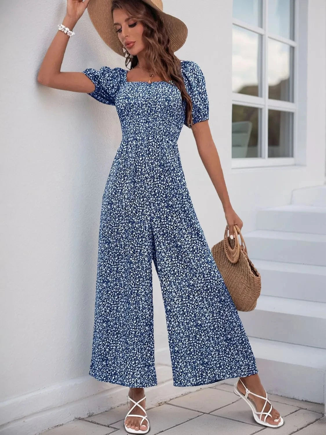 Printed Square Neck Puff Sleeve Jumpsuit The Nichole Collection