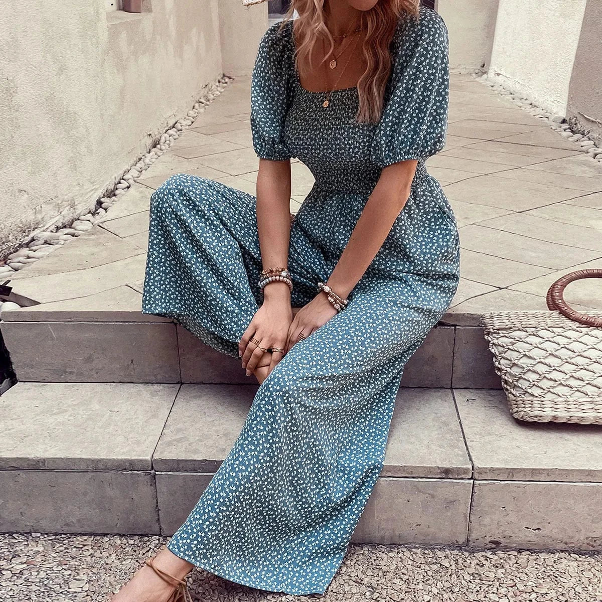 Printed Square Neck Puff Sleeve Jumpsuit The Nichole Collection