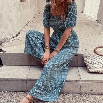 Printed Square Neck Puff Sleeve Jumpsuit The Nichole Collection