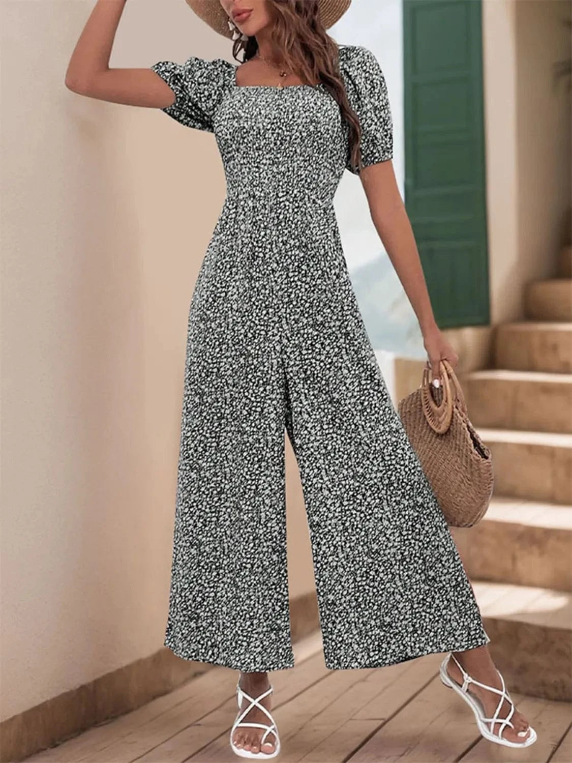 Printed Square Neck Puff Sleeve Jumpsuit The Nichole Collection