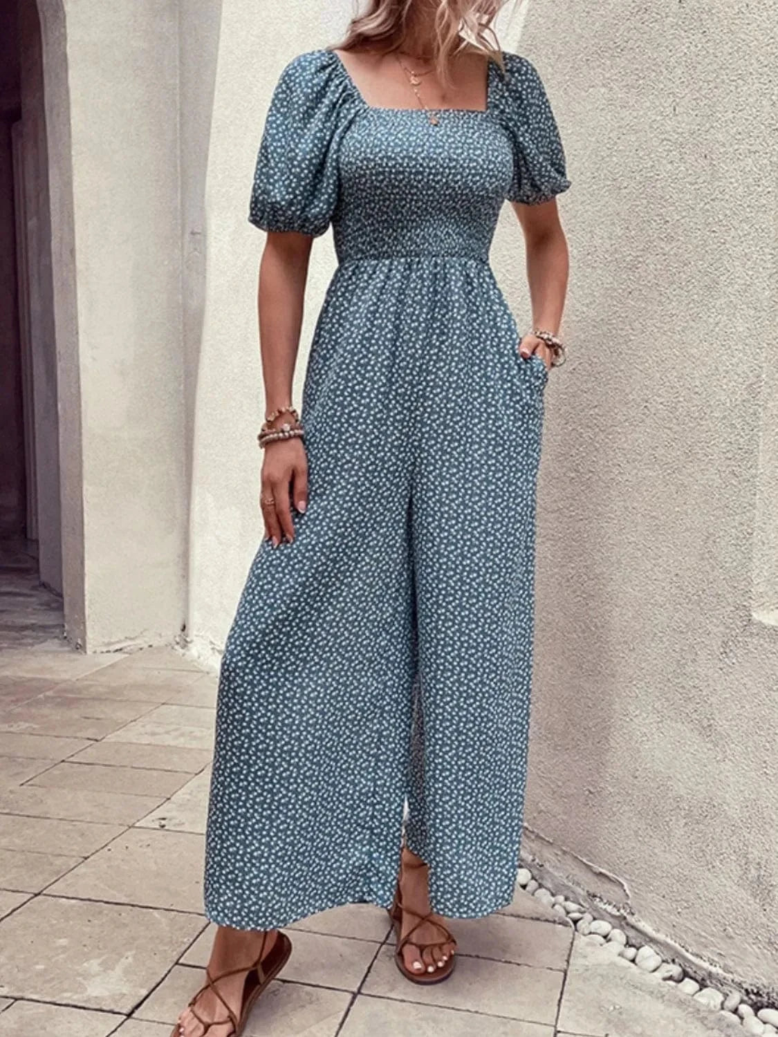 Printed Square Neck Puff Sleeve Jumpsuit The Nichole Collection