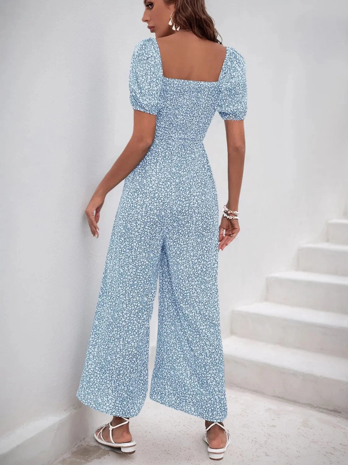 Printed Square Neck Puff Sleeve Jumpsuit The Nichole Collection