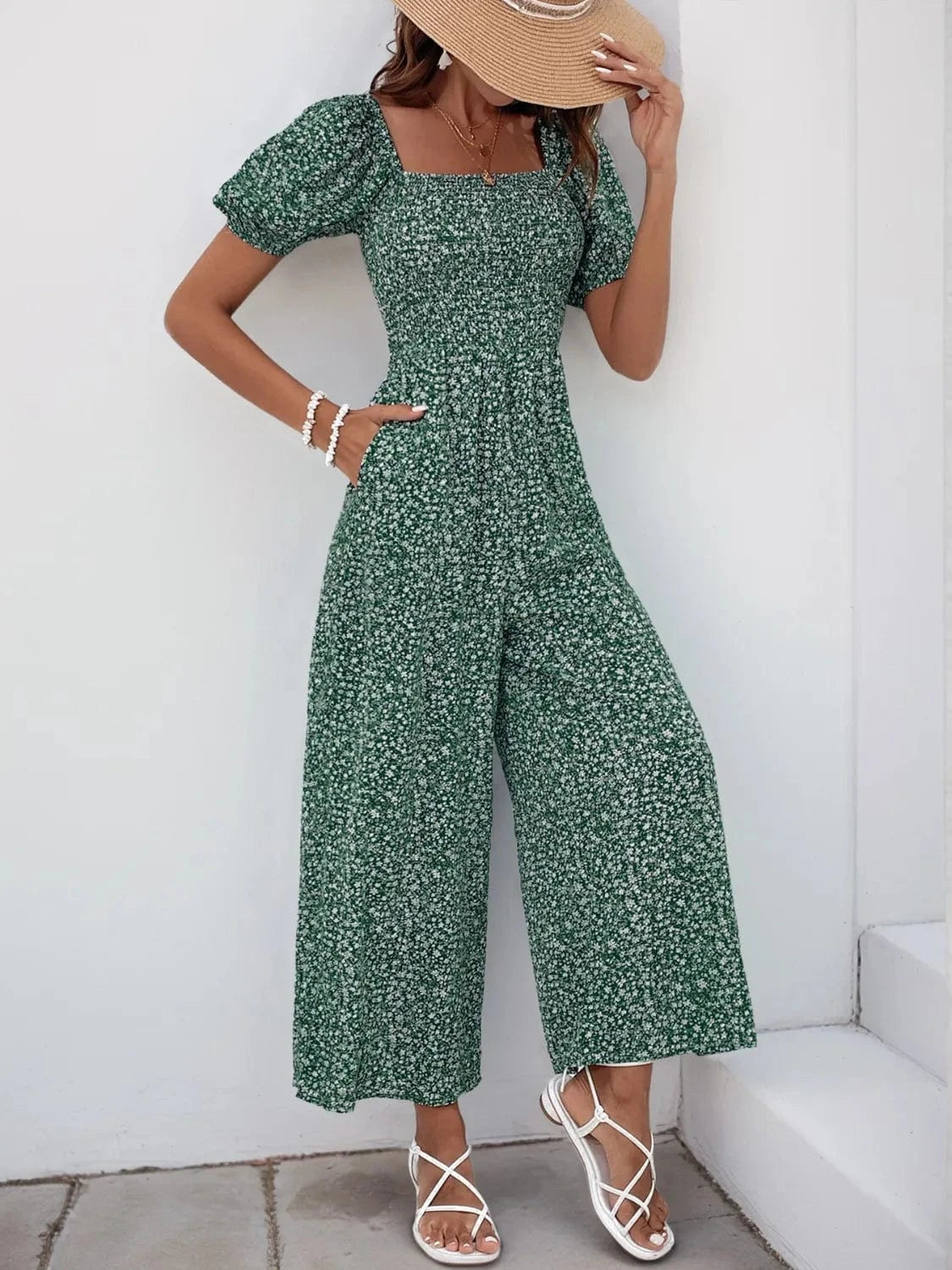 Printed Square Neck Puff Sleeve Jumpsuit Dark Green / S The Nichole Collection