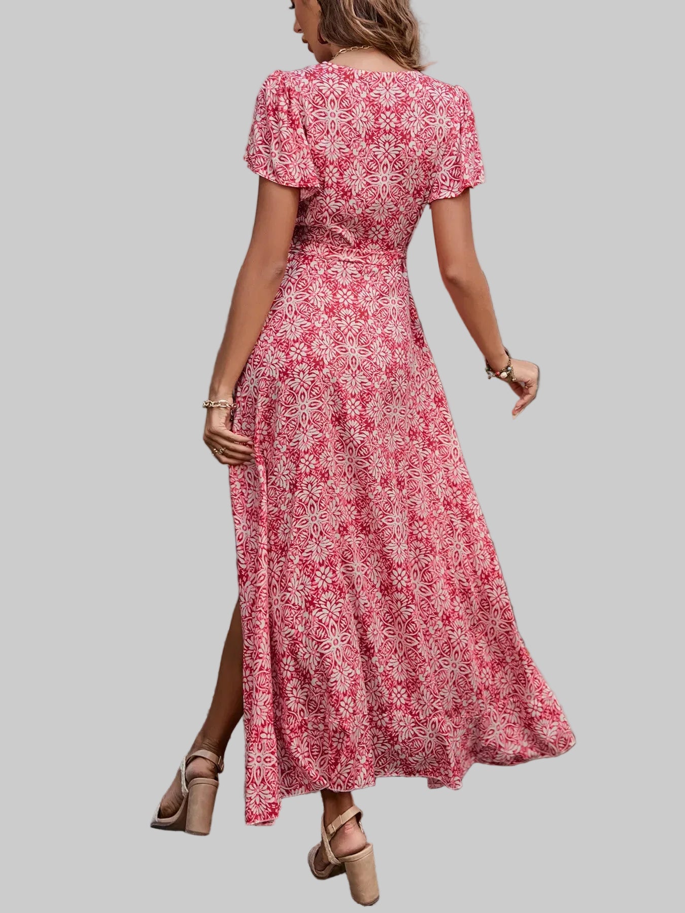 Floral Wrap-Front Flutter Sleeve Maxi Dress
