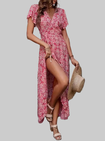 Floral Wrap-Front Flutter Sleeve Maxi Dress