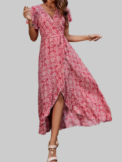 Floral Wrap-Front Flutter Sleeve Maxi Dress