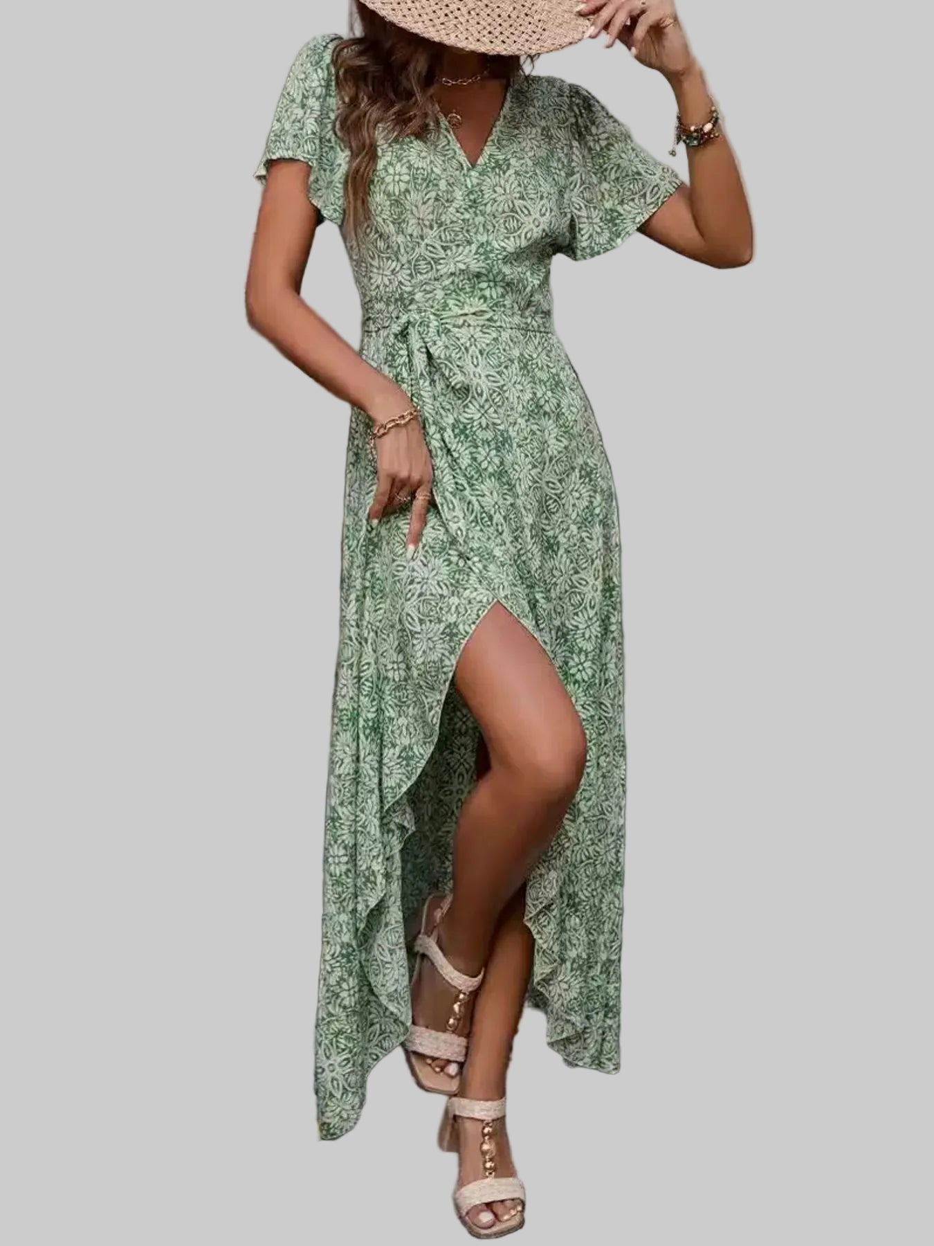 Printed Surplice Maxi Dress with Flutter Sleeves The Nichole Collection