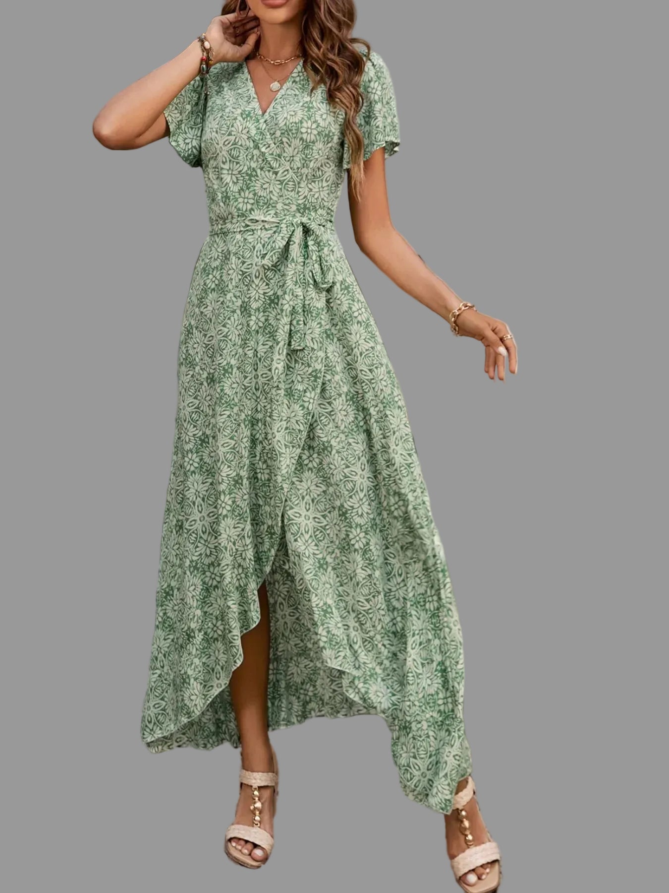 Printed Surplice Maxi Dress with Flutter Sleeves Green / S The Nichole Collection