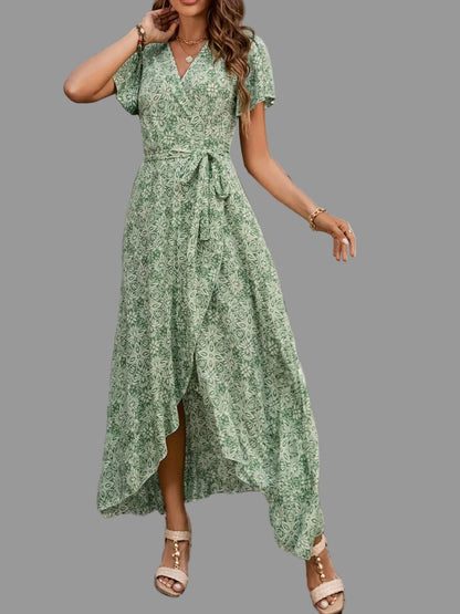 Printed Surplice Maxi Dress with Flutter Sleeves Green / S The Nichole Collection