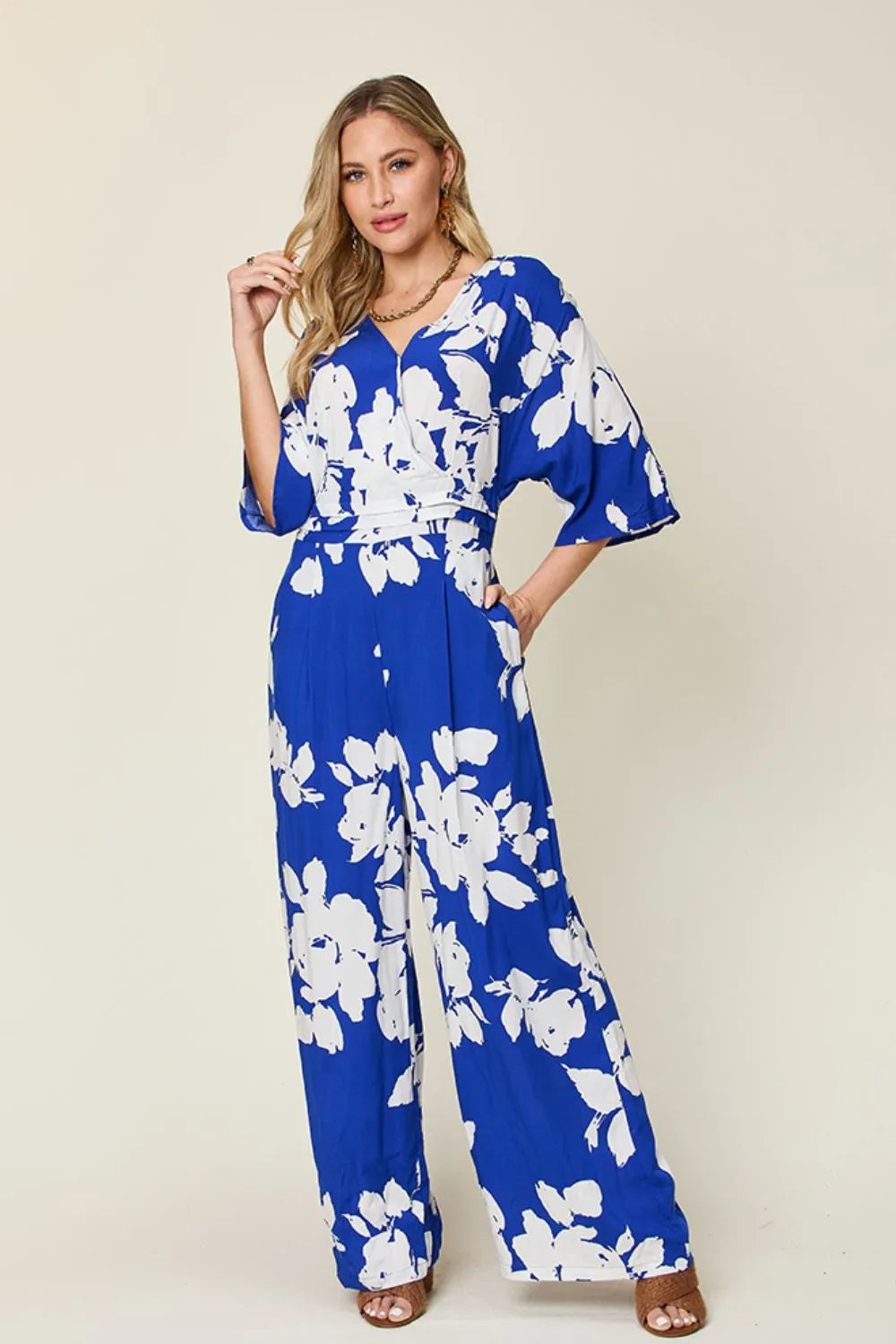 Printed Tie Back Wide Leg Jumpsuit Royal  Blue / S The Nichole Collection - Official Site