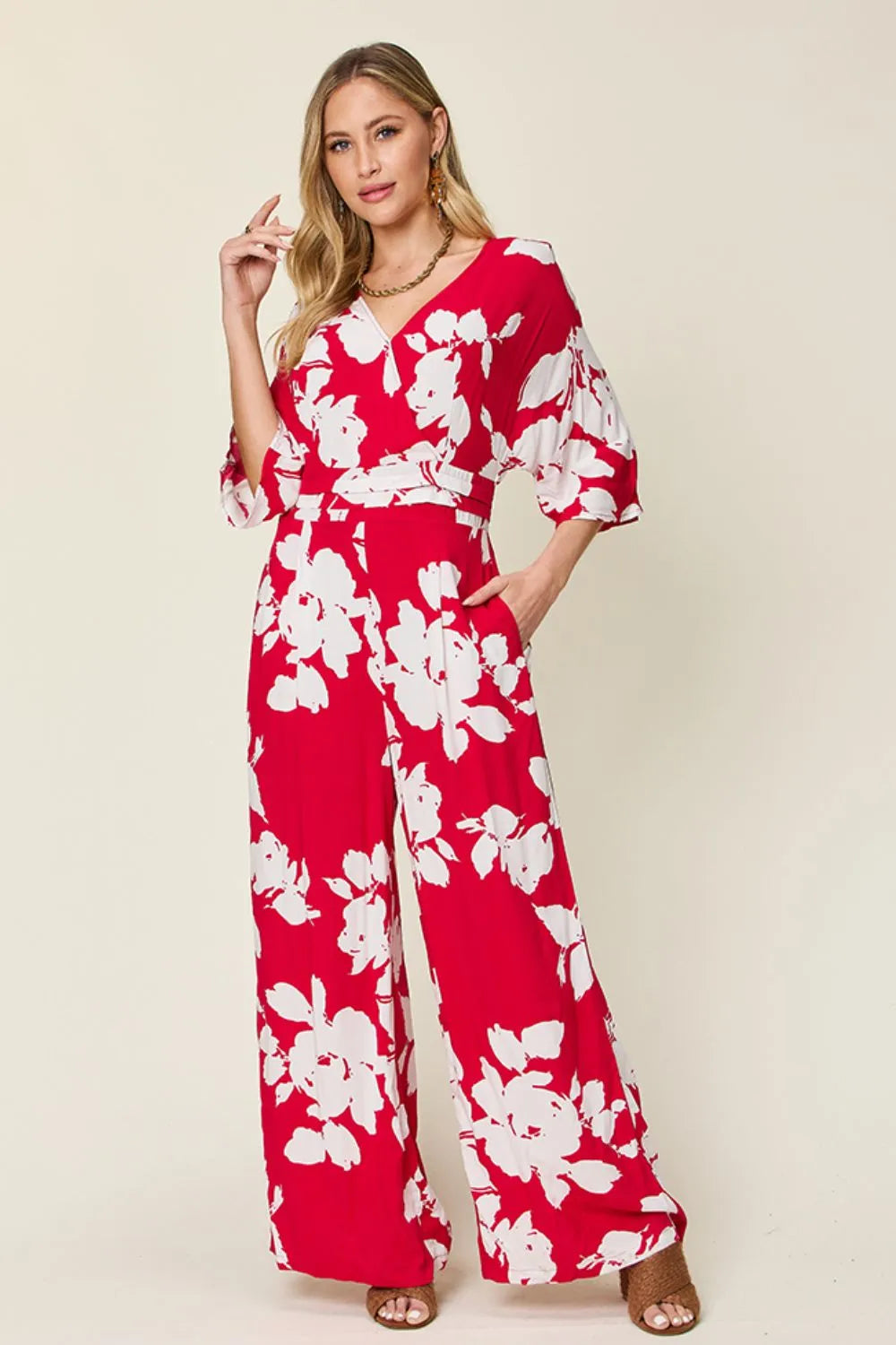 Printed Tie Back Wide Leg Jumpsuit Deep Rose / S The Nichole Collection - Official Site