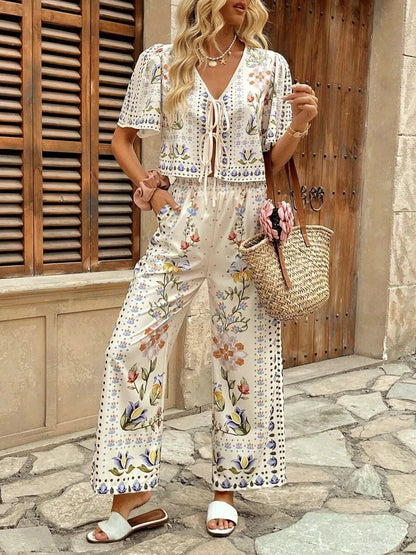 Printed Tie Front Short Sleeve Top and Pants Set Cream / S The Nichole Collection