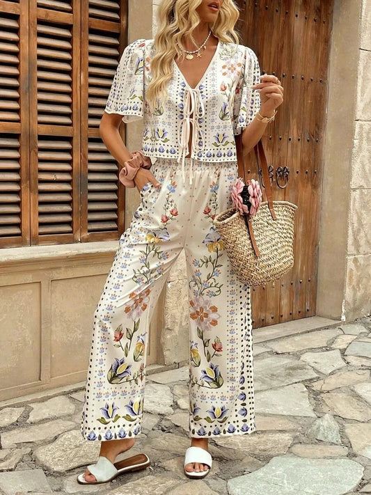 Printed Tie Front Short Sleeve Top and Pants Set Cream / S The Nichole Collection