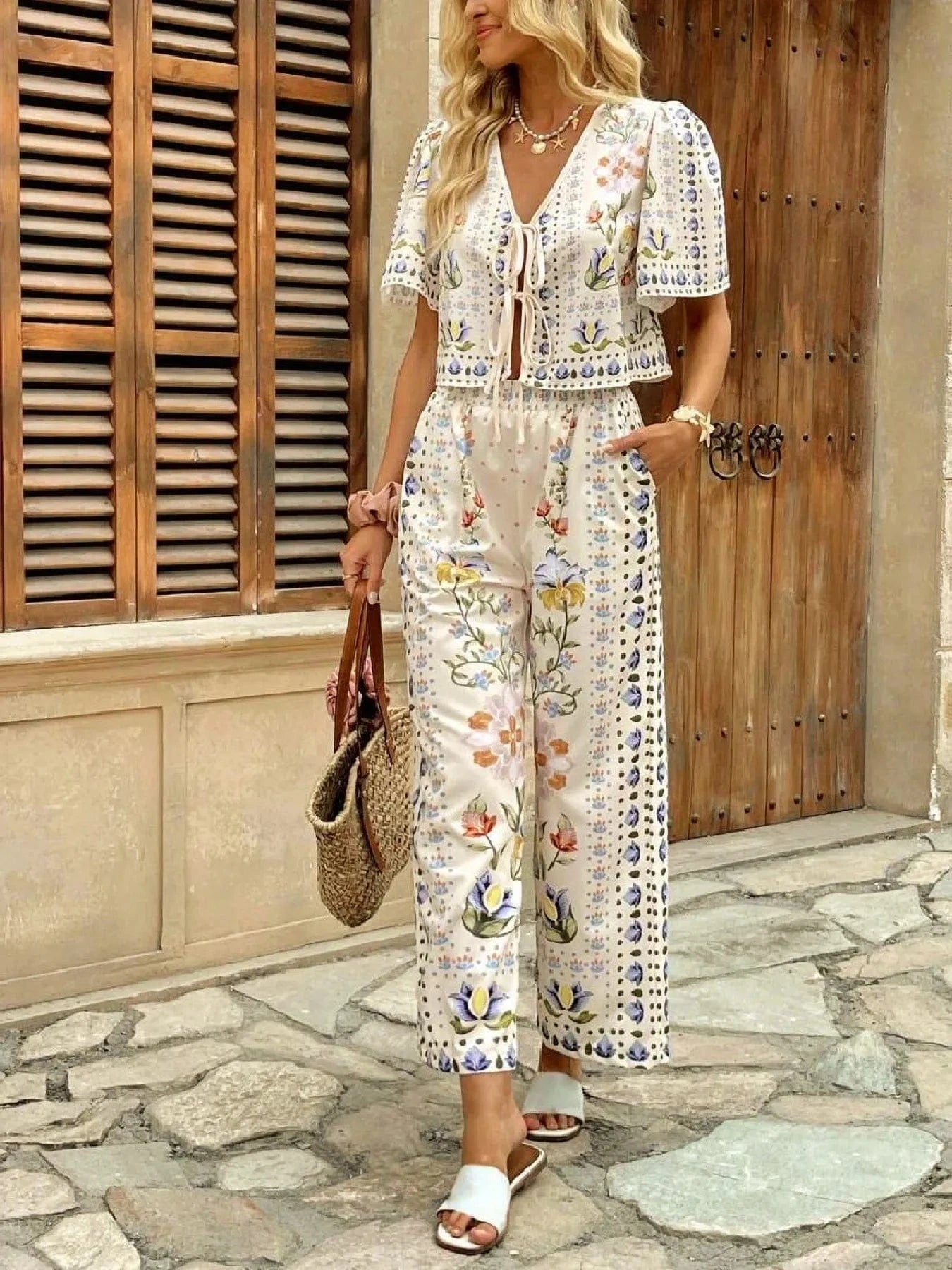 Printed Tie Front Short Sleeve Top and Pants Set The Nichole Collection