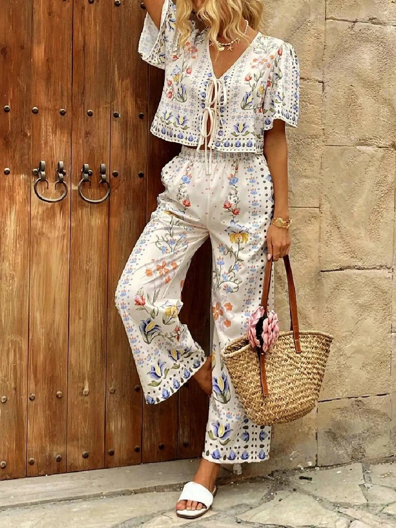 Printed Tie Front Short Sleeve Top and Pants Set The Nichole Collection
