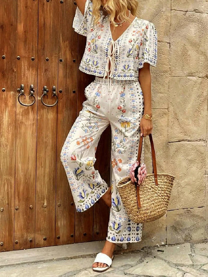 Printed Tie Front Short Sleeve Top and Pants Set The Nichole Collection