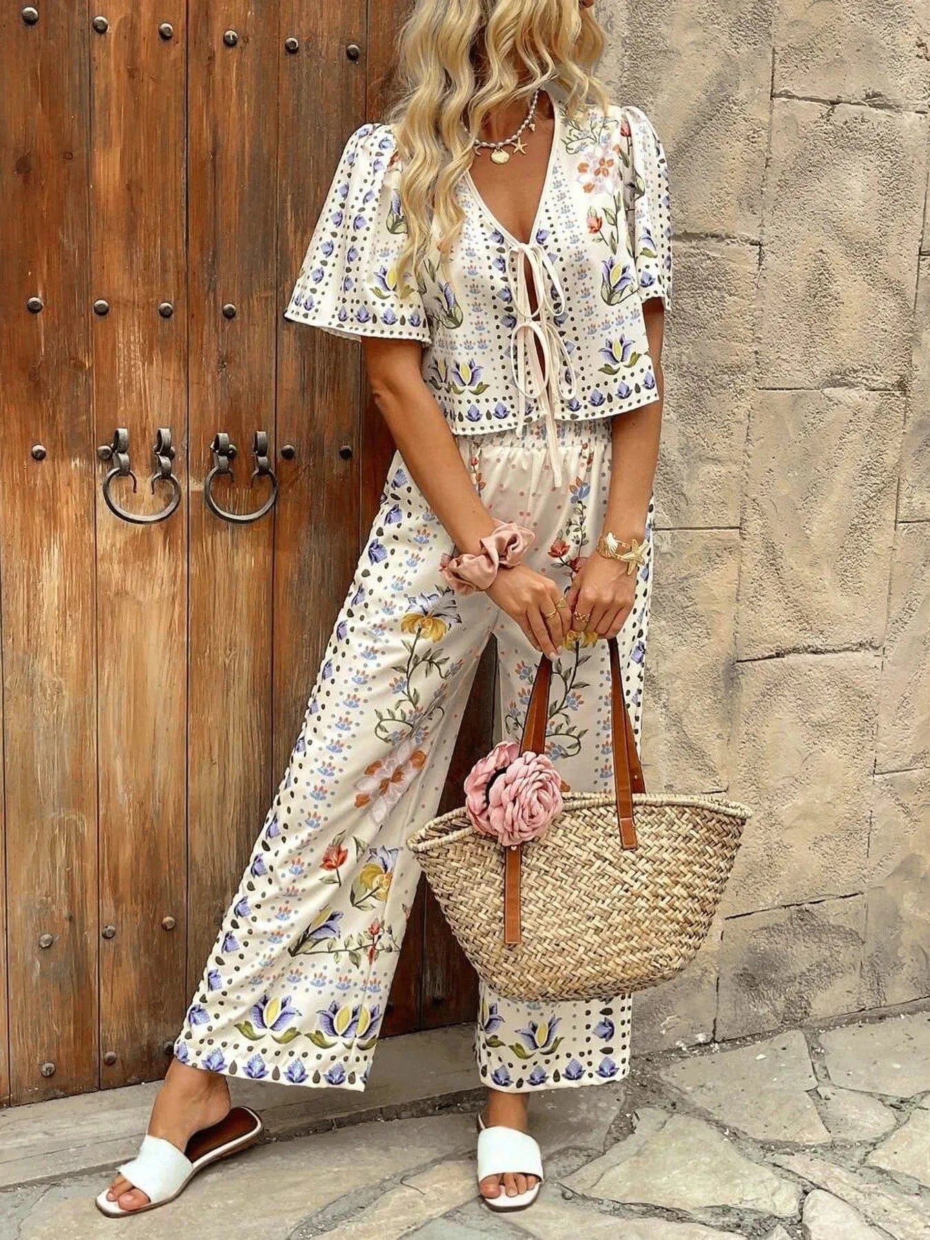 Printed Tie Front Short Sleeve Top and Pants Set The Nichole Collection