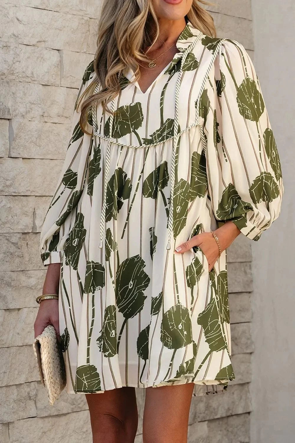 Printed Tie Neck Balloon Sleeve Dress Sage / S The Nichole Collection