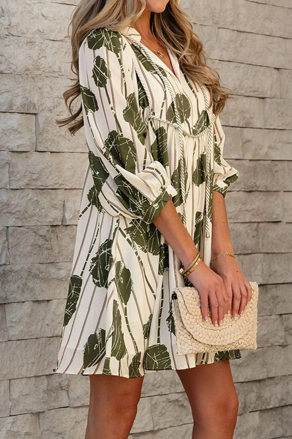 Printed Tie Neck Balloon Sleeve Dress The Nichole Collection