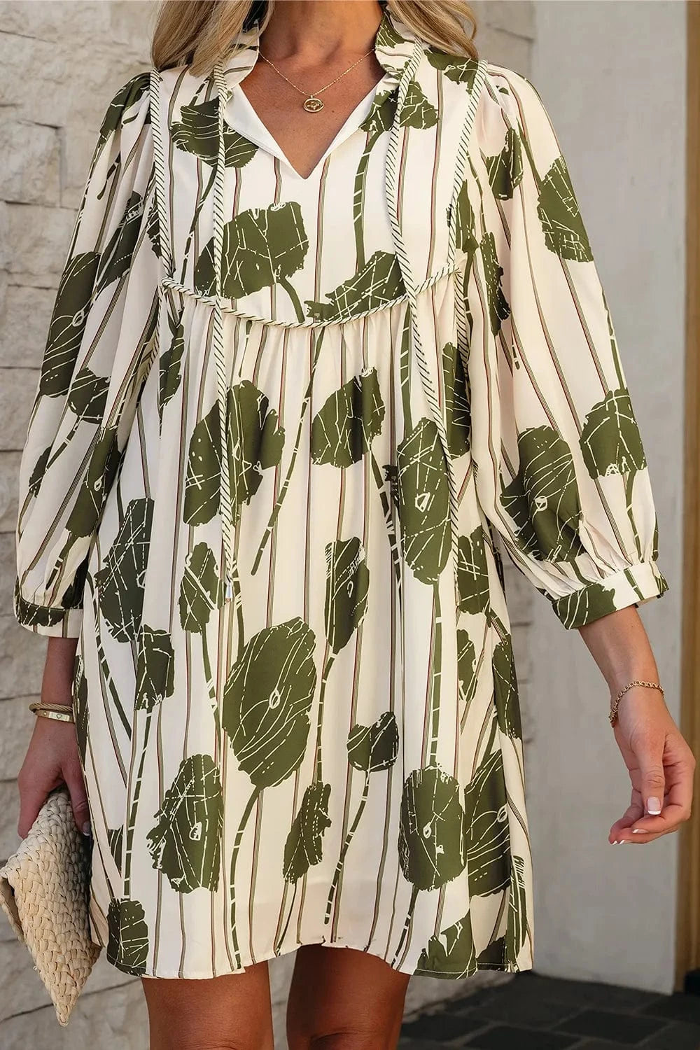 Printed Tie Neck Balloon Sleeve Dress The Nichole Collection