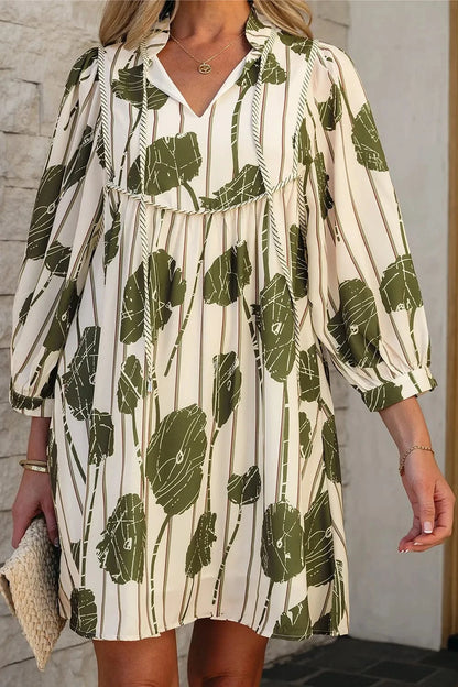 Printed Tie Neck Balloon Sleeve Dress The Nichole Collection