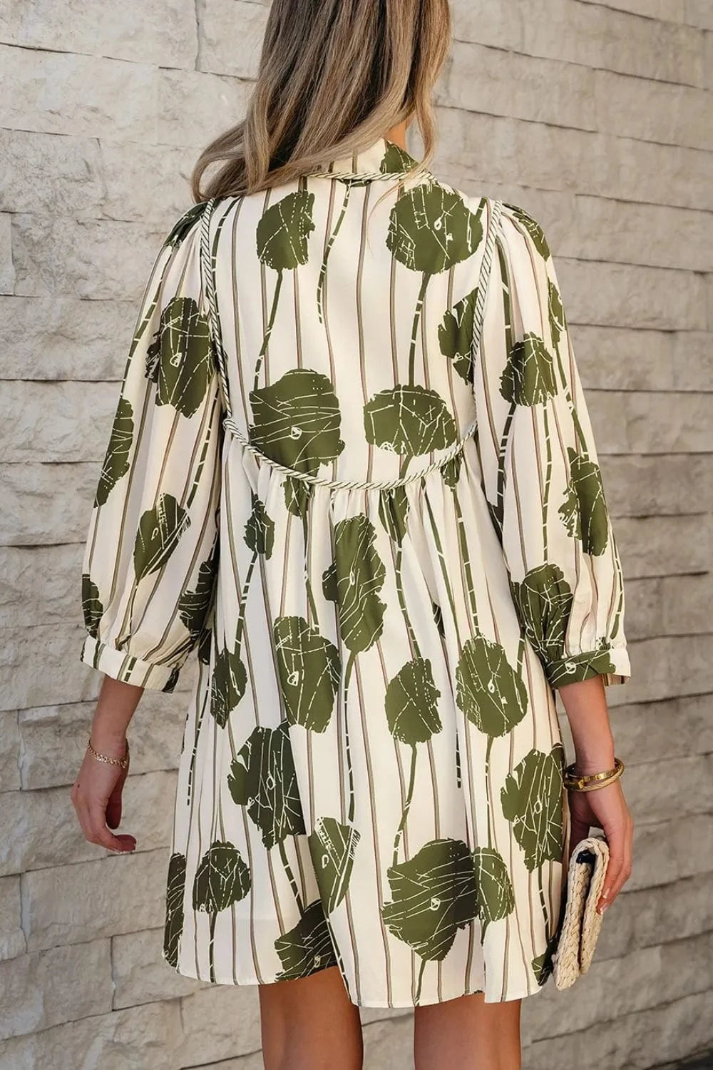 Printed Tie Neck Balloon Sleeve Dress The Nichole Collection