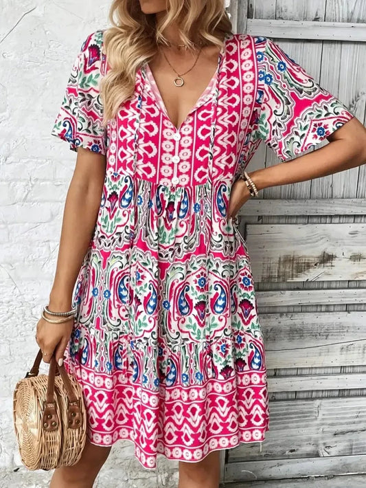 Printed Tie Neck Short Sleeve Dress Pink / S The Nichole Collection