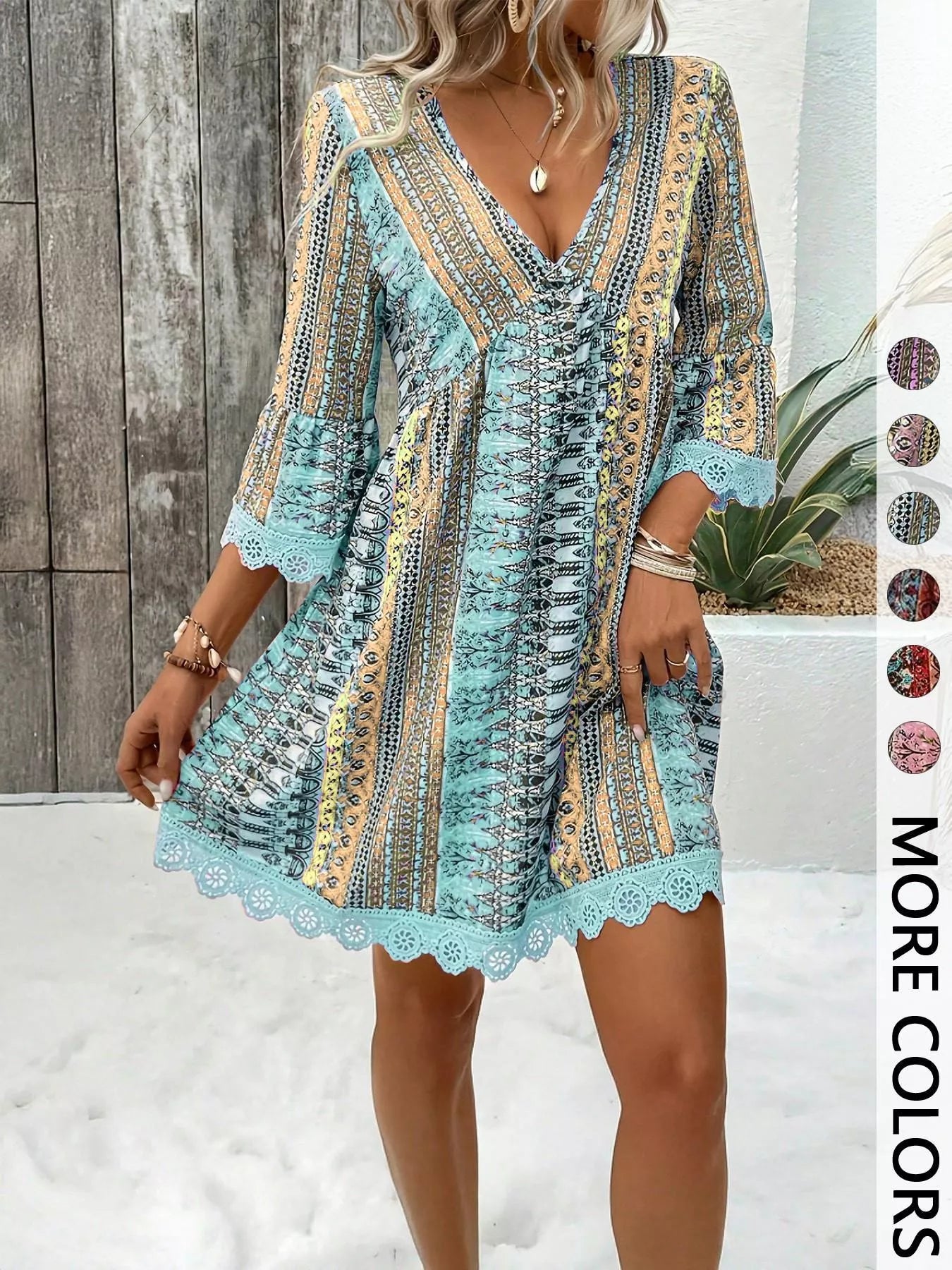 Printed V-Neck A-Line Dress Lake Blue / S The Nichole Collection - Official Site